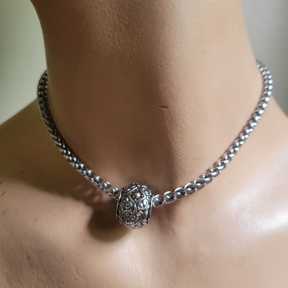 Y2K Silver‎ Wheat Chain Choker Necklace with Filigree Slider Bead 16" Boho Y2K